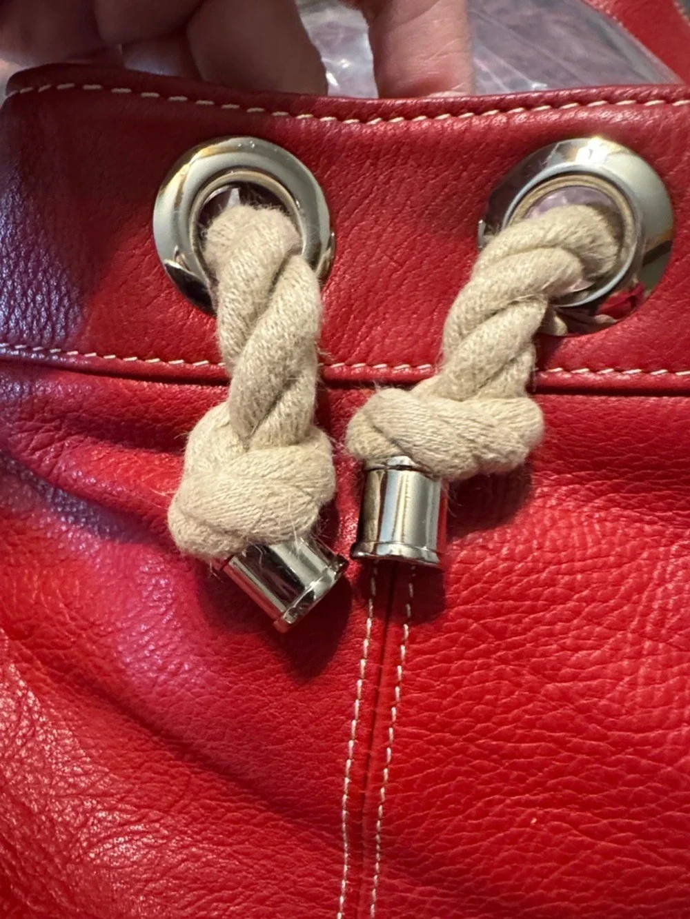 Tignanello Red Leather Drawstring Hobo with Rope Trim